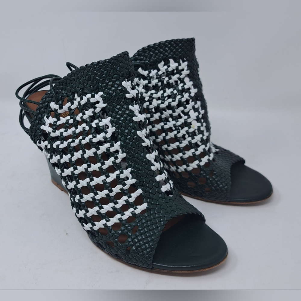 Mulberry Woven Leather Strappy Wedge Sandals White Green Italy 38 EU / 7.5 US